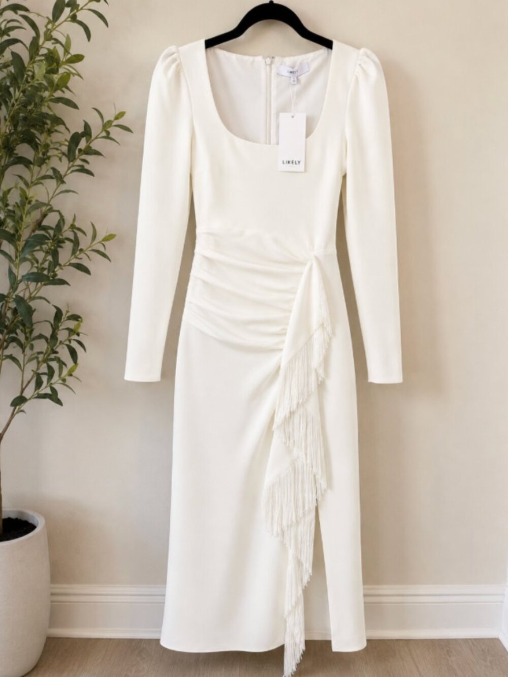 LIKELY Charlie Ruched Fringe Midi Dress Women’s Size 4 White NWT